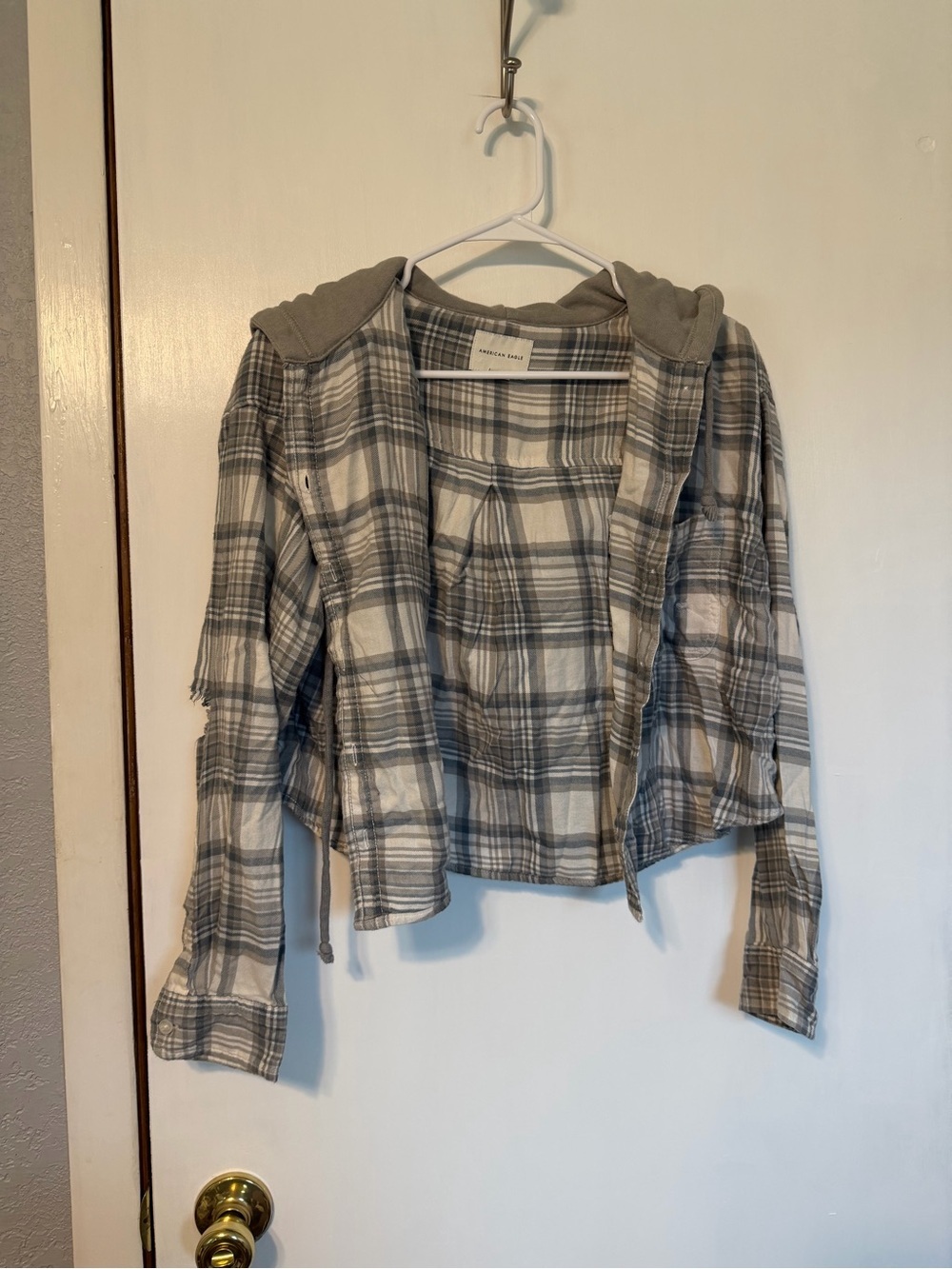 American Eagle Outfitters Gray & White Plaid Hooded Shirt Jacket